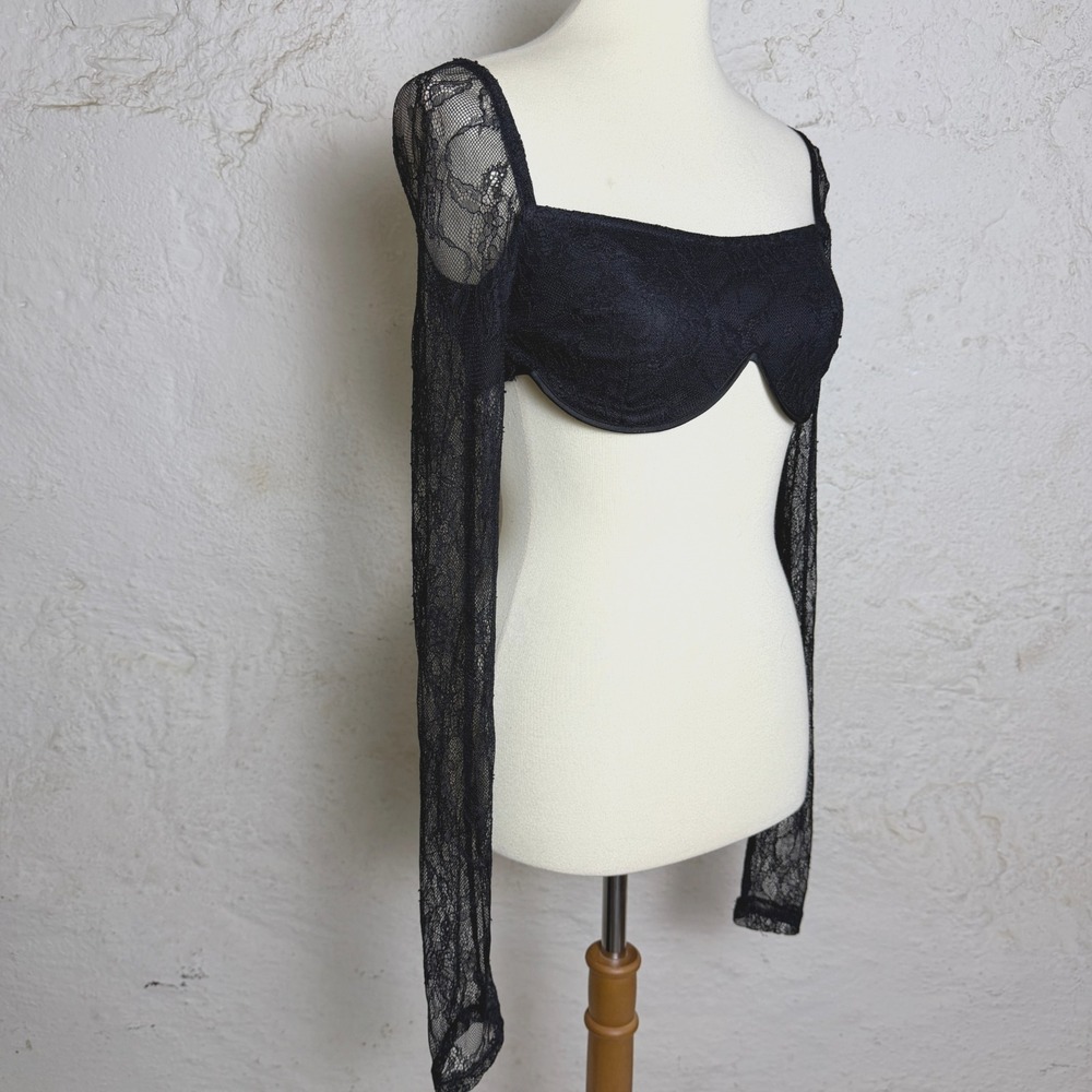 PLT Black Lace Bustier Crop Top 2 Underwire Sheer Long Sleeve Going Out Baddie